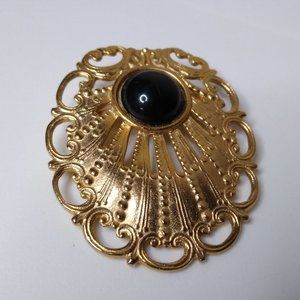 Vintage Decorative Metal With Black Stone Brooch
